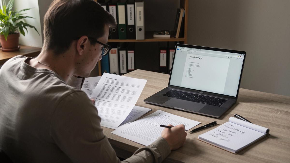 A translator reviewing multilingual documents on a desk